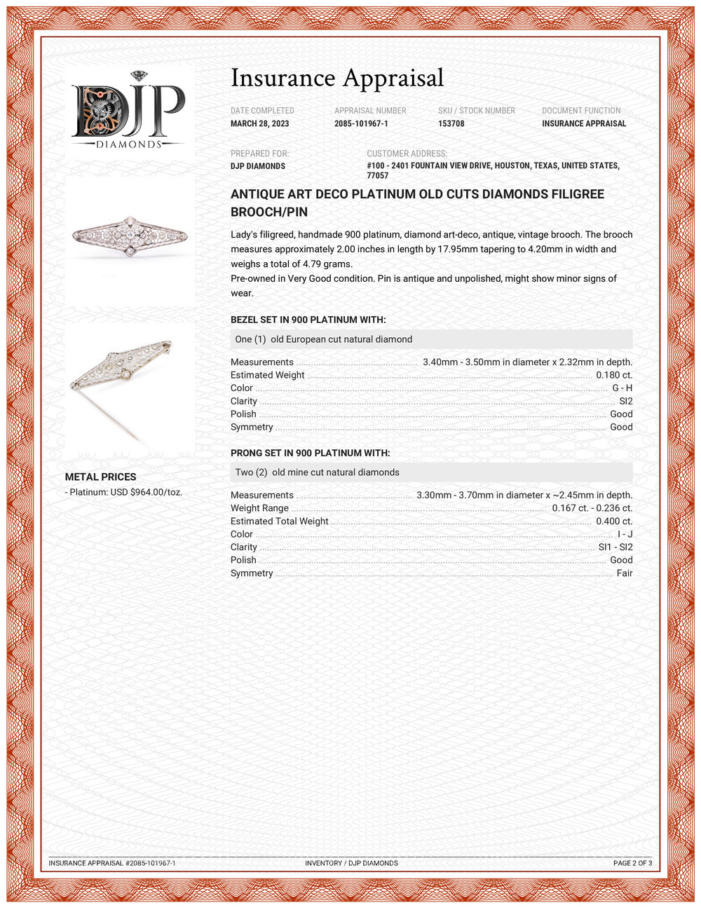 Antique Art Deco Platinum Old Cuts Diamonds Filigree Brooch