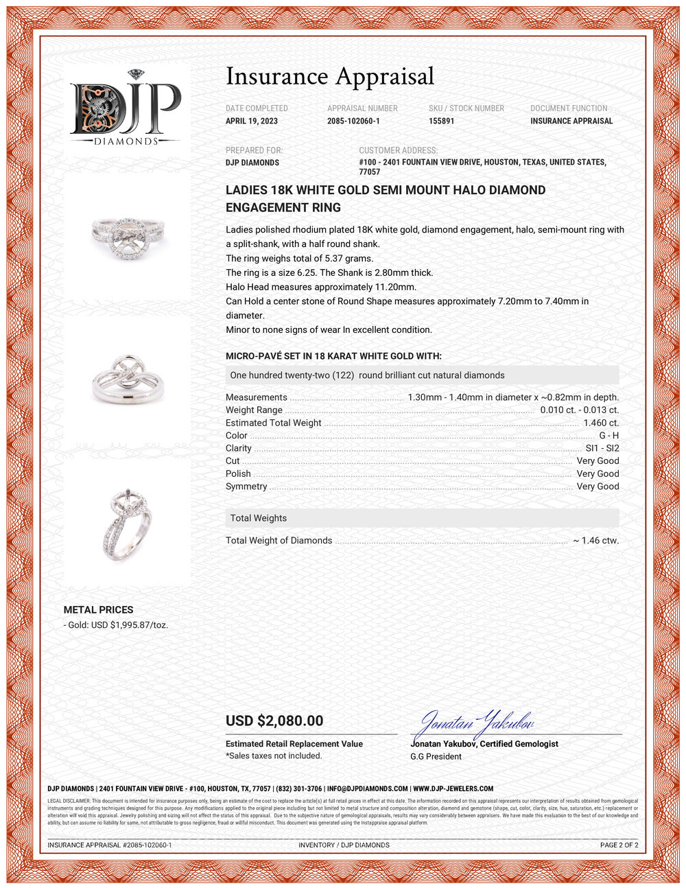 Ladies 18K White Gold Semi Mount Halo Diamond Engagement Ring