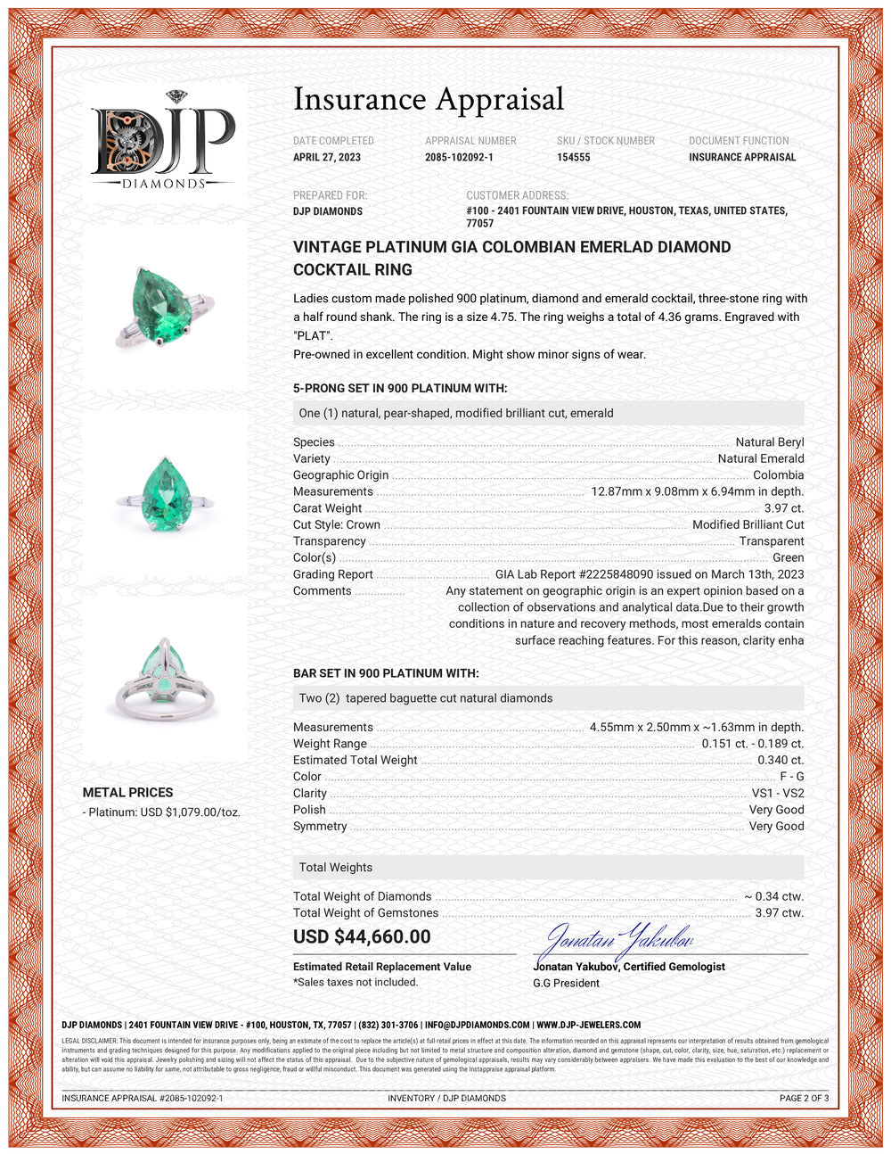 Vintage Platinum GIA Colombian Emerald Diamond Cocktail Ring