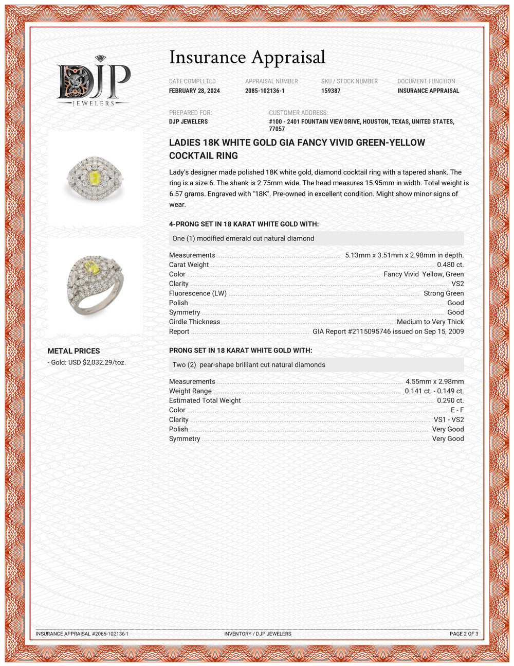 Ladies 18K White Gold GIA Certified Fancy Vivid Green-Yellow Cocktail Ring