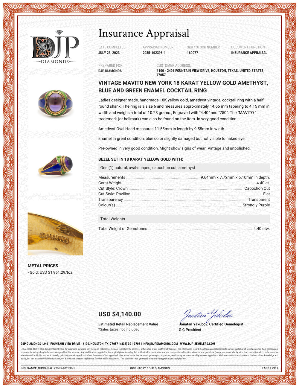 Vintage Mavito New York 18 Karat Yellow Gold Amethyst, Blue and Green Enamel Cocktail Ring
