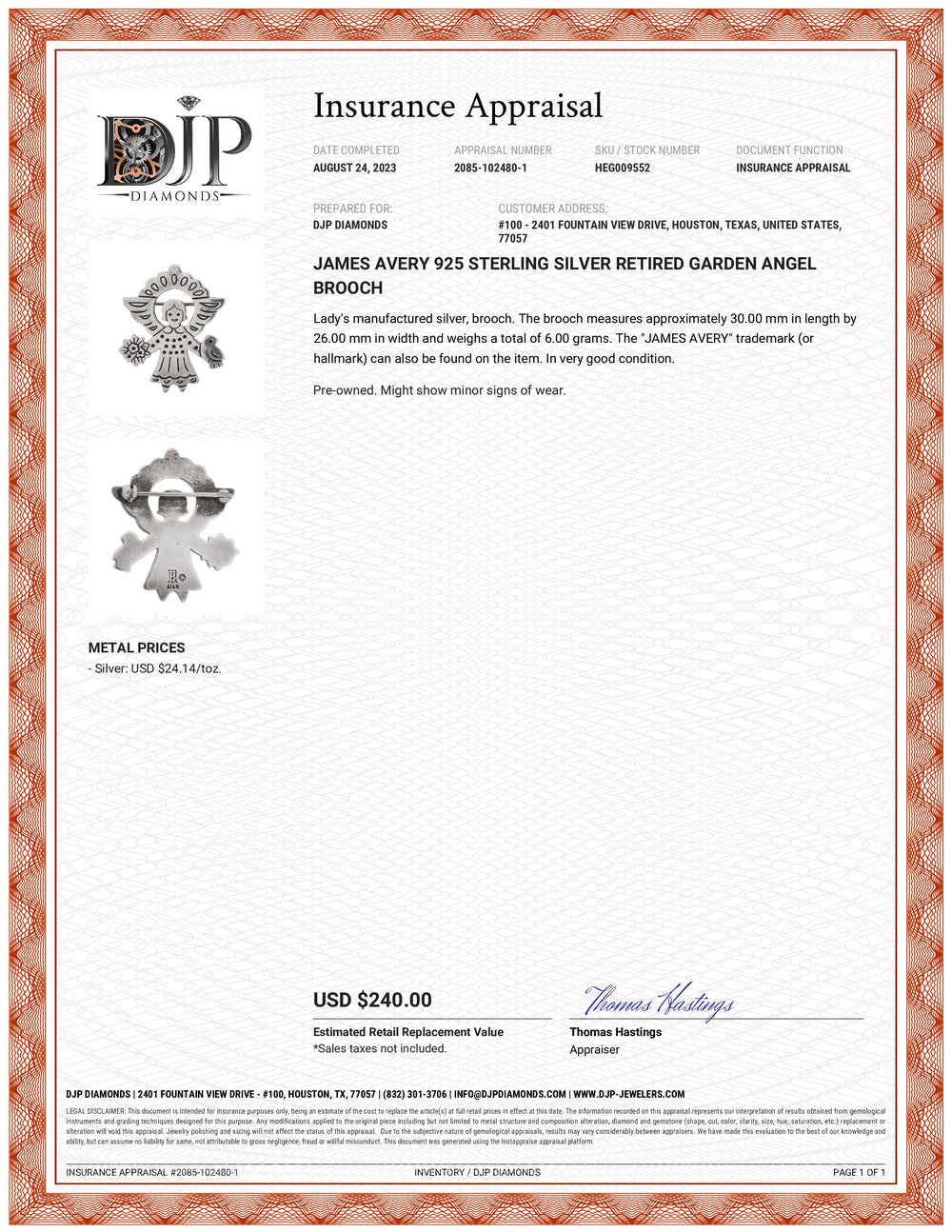 James Avery 925 Sterling Silver Retired Garden Angel Brooch