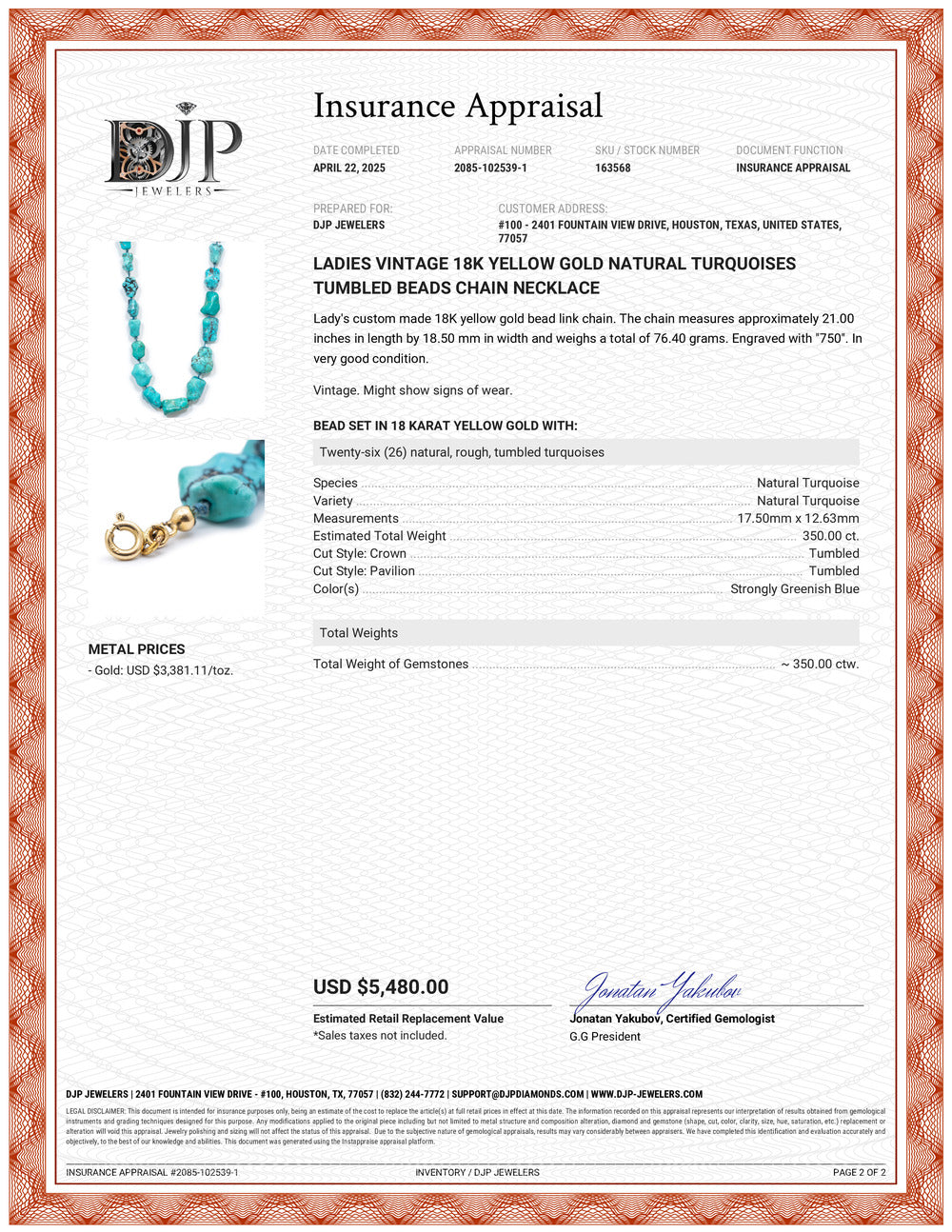 Ladies Vintage 18K Yellow Gold Natural Turquoises Tumbled Beads Chain Necklace