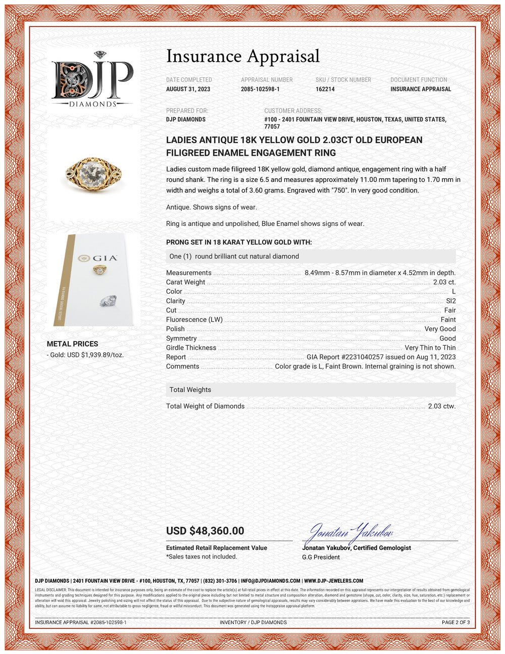 Ladies Antique Victorian 18K Yellow Gold GIA 2.03CT Old European Filigreed Enamel Engagement Ring