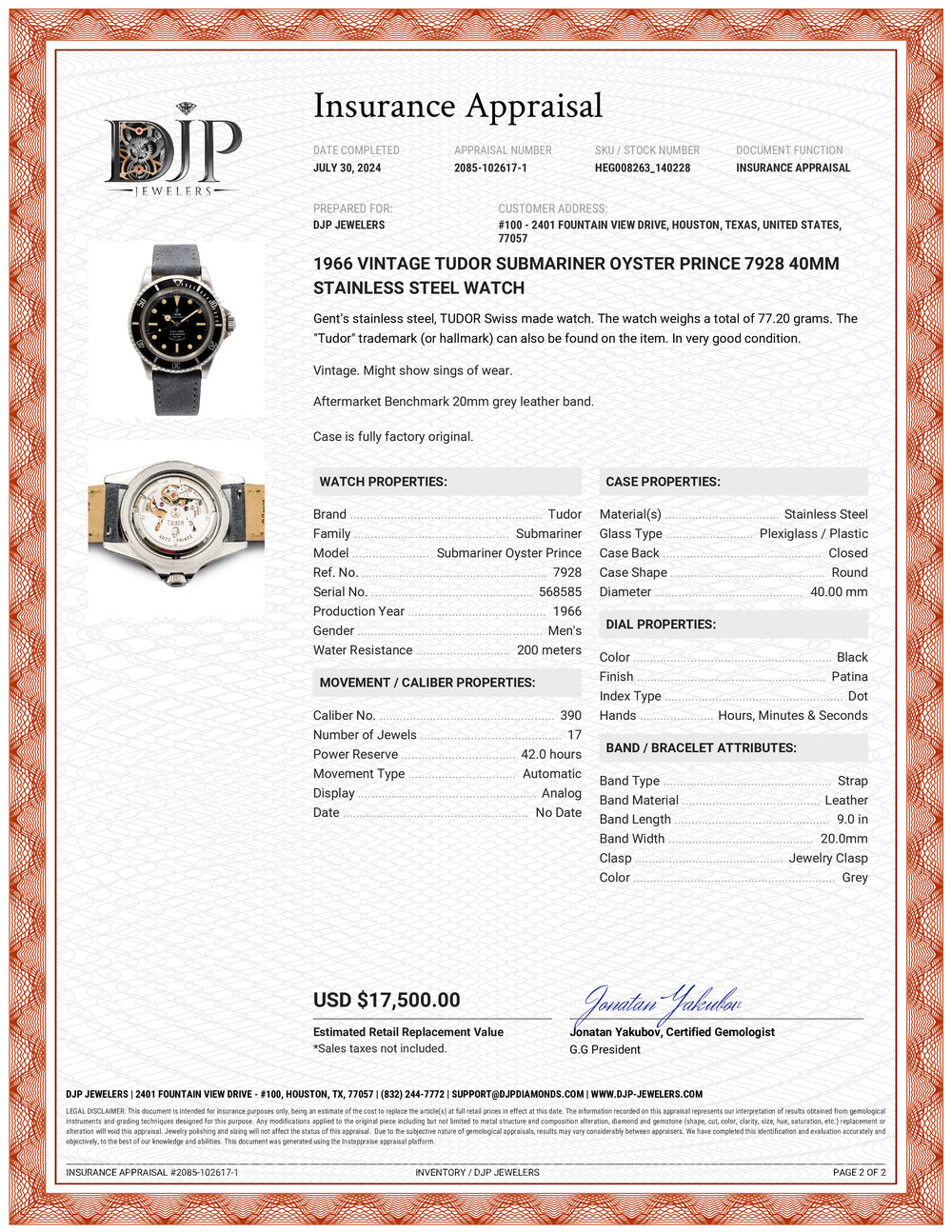1966 Vintage Tudor Submariner Oyster Prince 7928 40MM Patina Dial Stainless Steel Men’s Watch