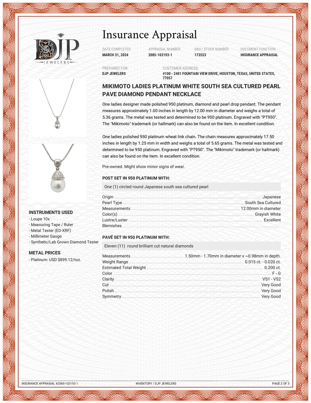 Mikimoto Ladies Platinum White South Sea Cultured Pearl Pave Diamond Pendant Necklace