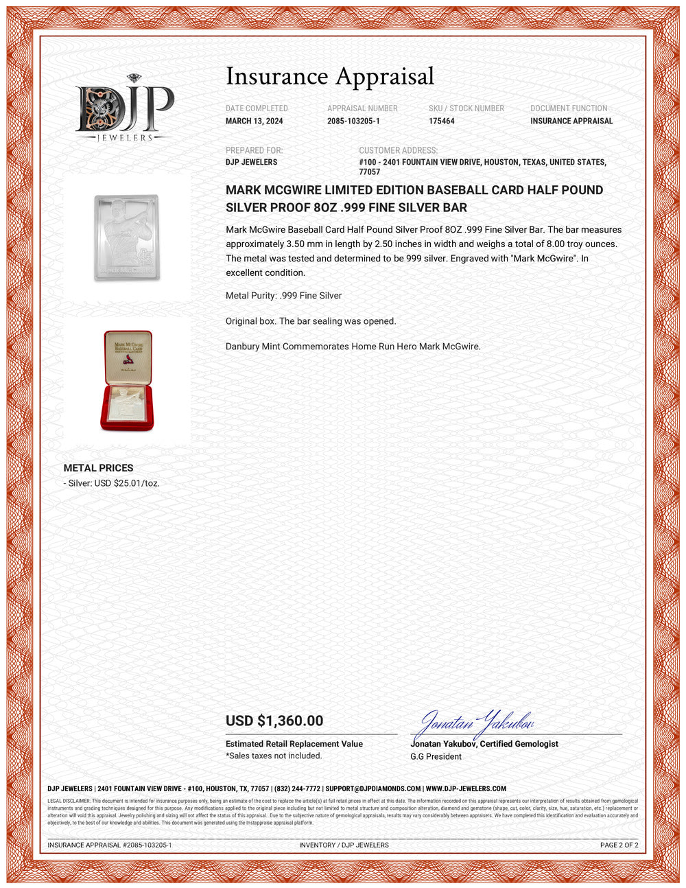 Vintage Mark McGwire Limited Edition Baseball Card Half Pound Silver Proof 8OZ .999 Fine Silver Bar