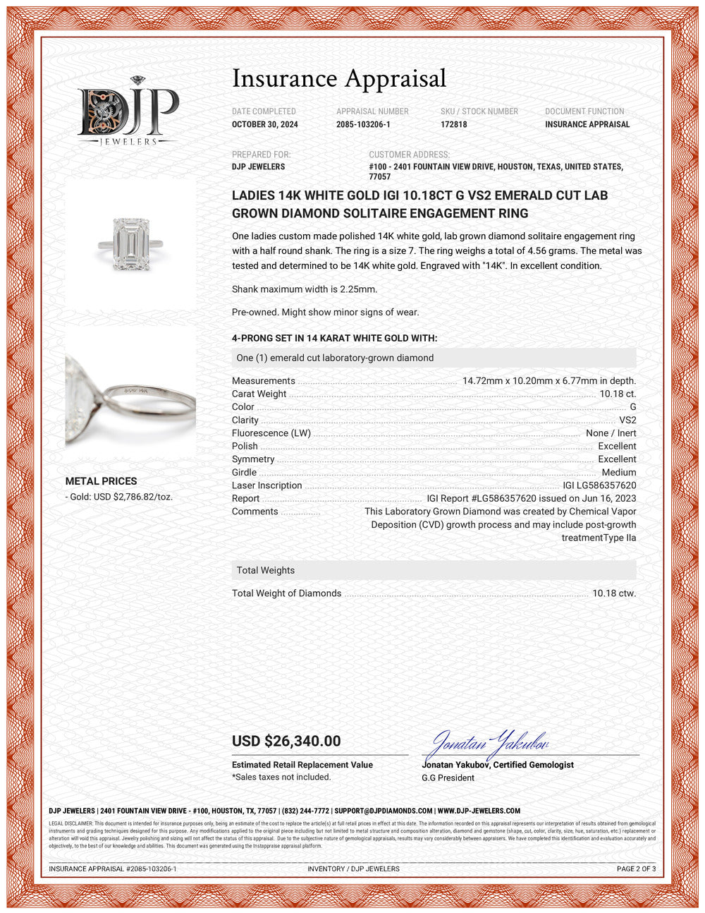 Ladies 14K White Gold Igi 10.18ct G VS2 Emerald Cut Lab Grown Diamond Solitaire Engagement Ring