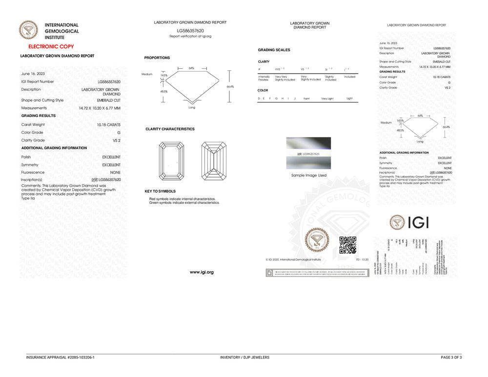 Ladies 14K White Gold Igi 10.18ct G VS2 Emerald Cut Lab Grown Diamond Solitaire Engagement Ring