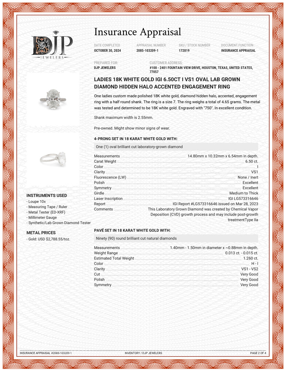 Ladies 18K White Gold Igi 6.50CT I VS1 Oval Lab Grown Diamond Hidden Halo Accented Engagement Ring