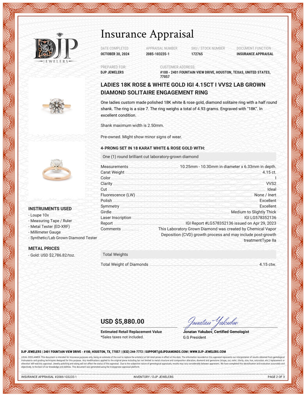 Ladies 18K Rose & White Gold IGI 4.15ct I VVS2 Lab Grown Diamond Solitaire Engagement Ring