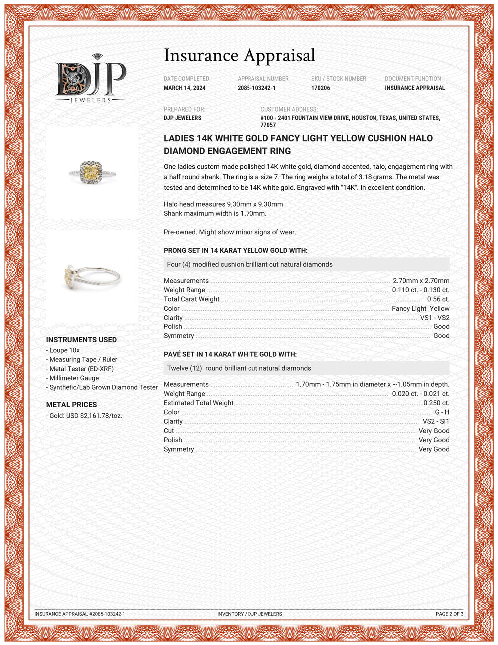 Ladies 14K White Gold Fancy Light Yellow Cushion Halo Diamond Engagement Ring