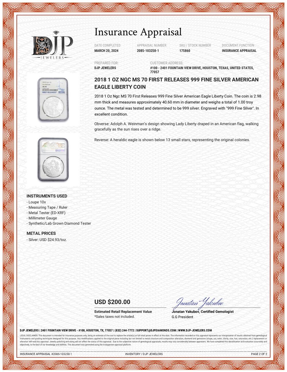 2018 1 Oz Ngc MS 70 First Releases 999 Fine Silver American Eagle Liberty Coin