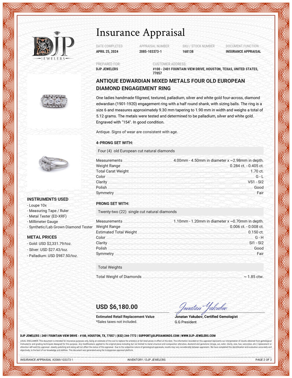 Antique Edwardian Mixed Metals Four Old European Diamond Engagement Ring