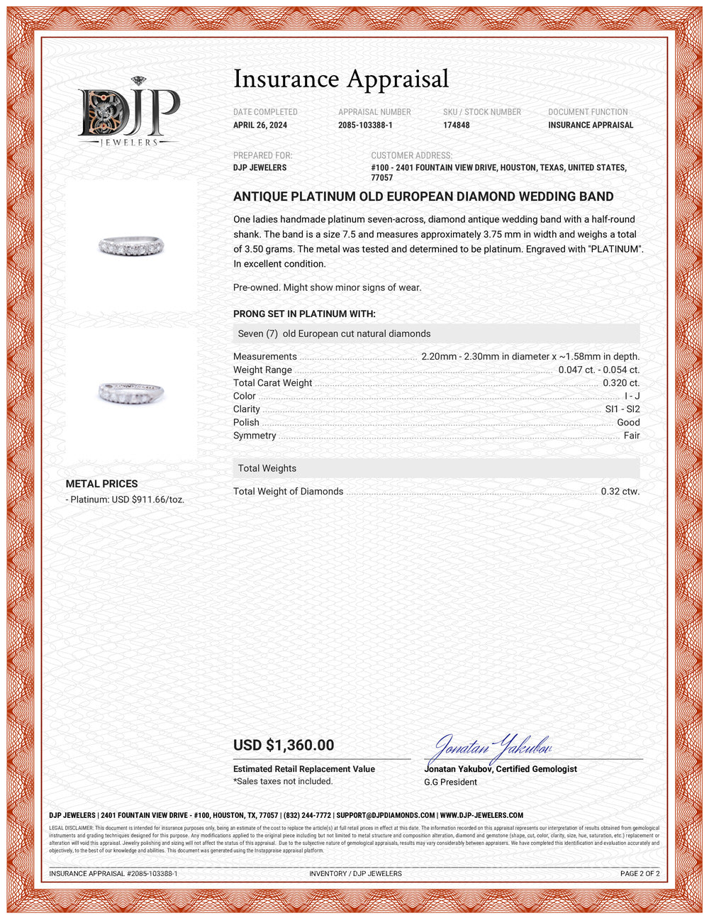 Antique Platinum Old European Diamond Wedding Band