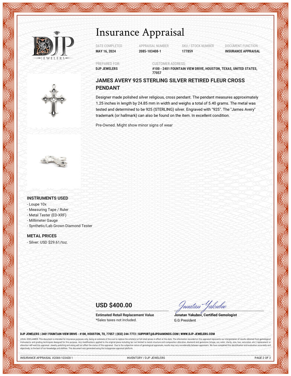 James Avery 925 Sterling Silver Retired Fleur Cross Pendant