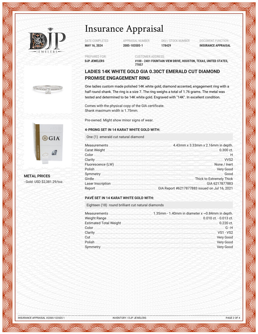 Ladies 14K White Gold GIA 0.30ct Emerald Cut Diamond Promise Engagement Ring