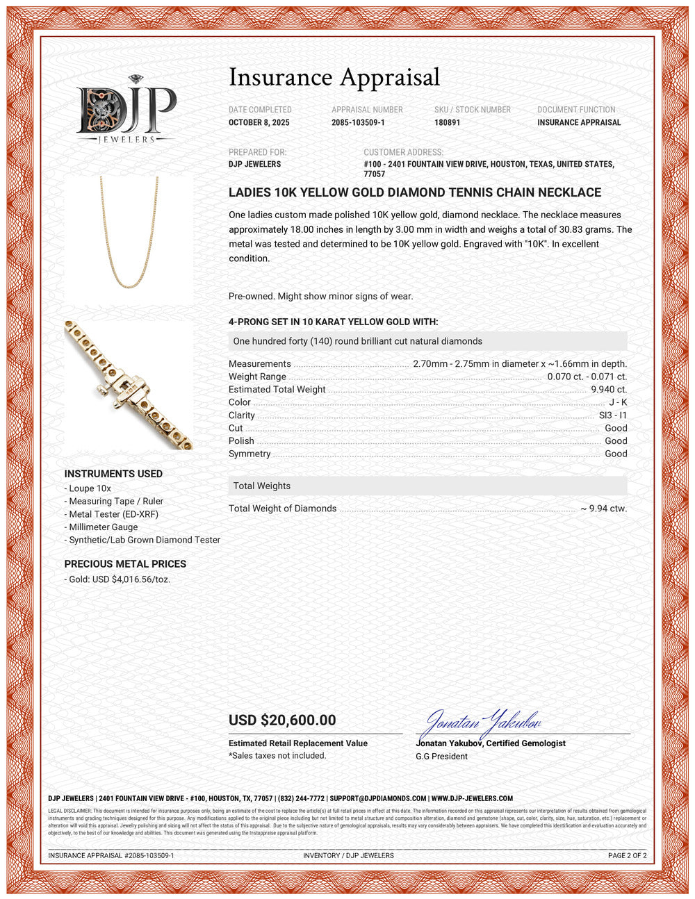 Ladies 10K Yellow Gold Diamond Tennis Chain Necklace