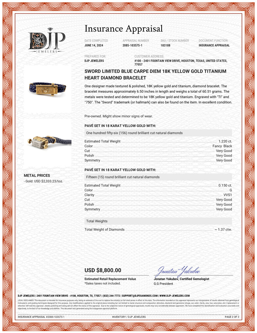 Sword Limited Blue Carpe Diem 18K Yellow Gold Titanium Heart Diamond Bracelet