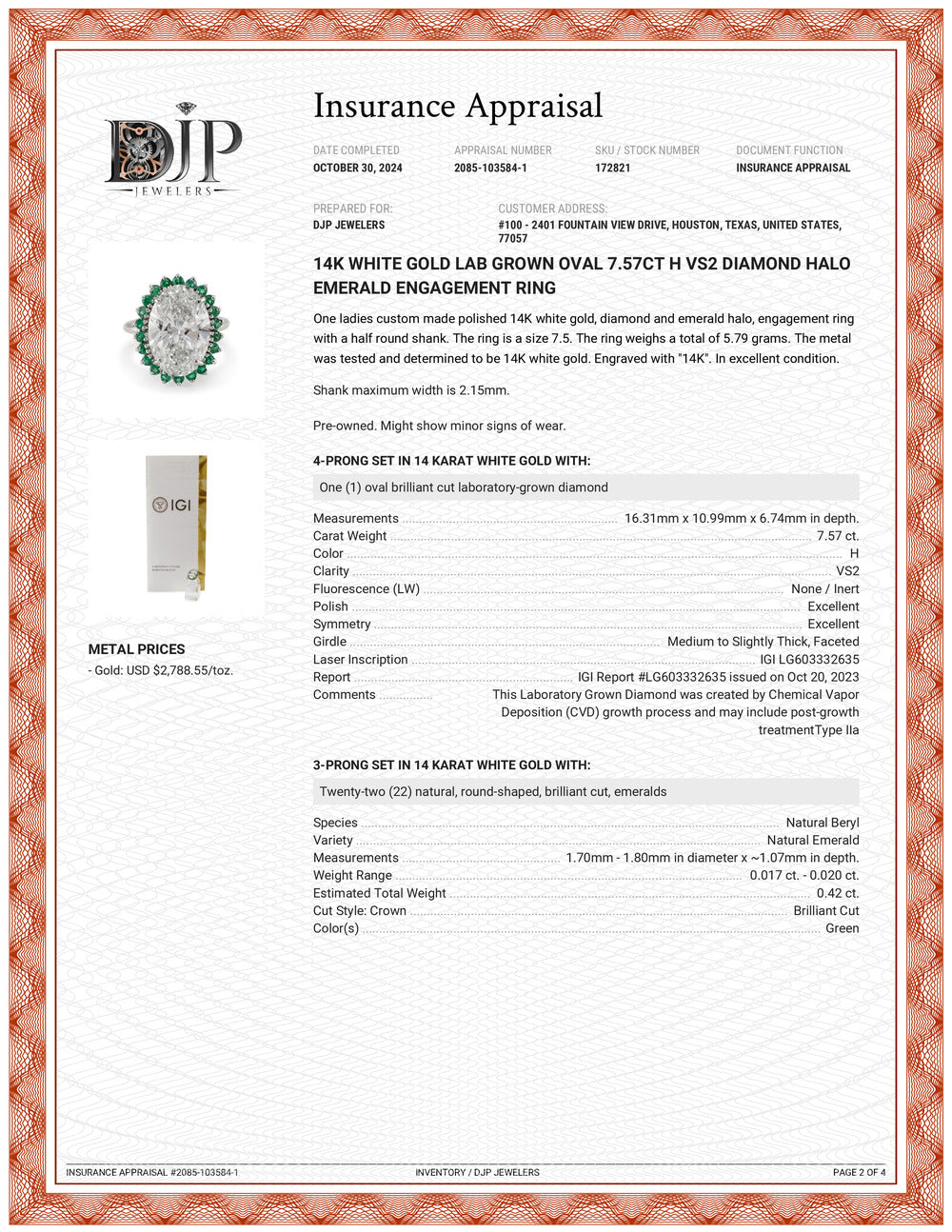 14K White Gold Lab Grown Oval 7.57ct H VS2 Diamond Halo Emerald Engagement Ring