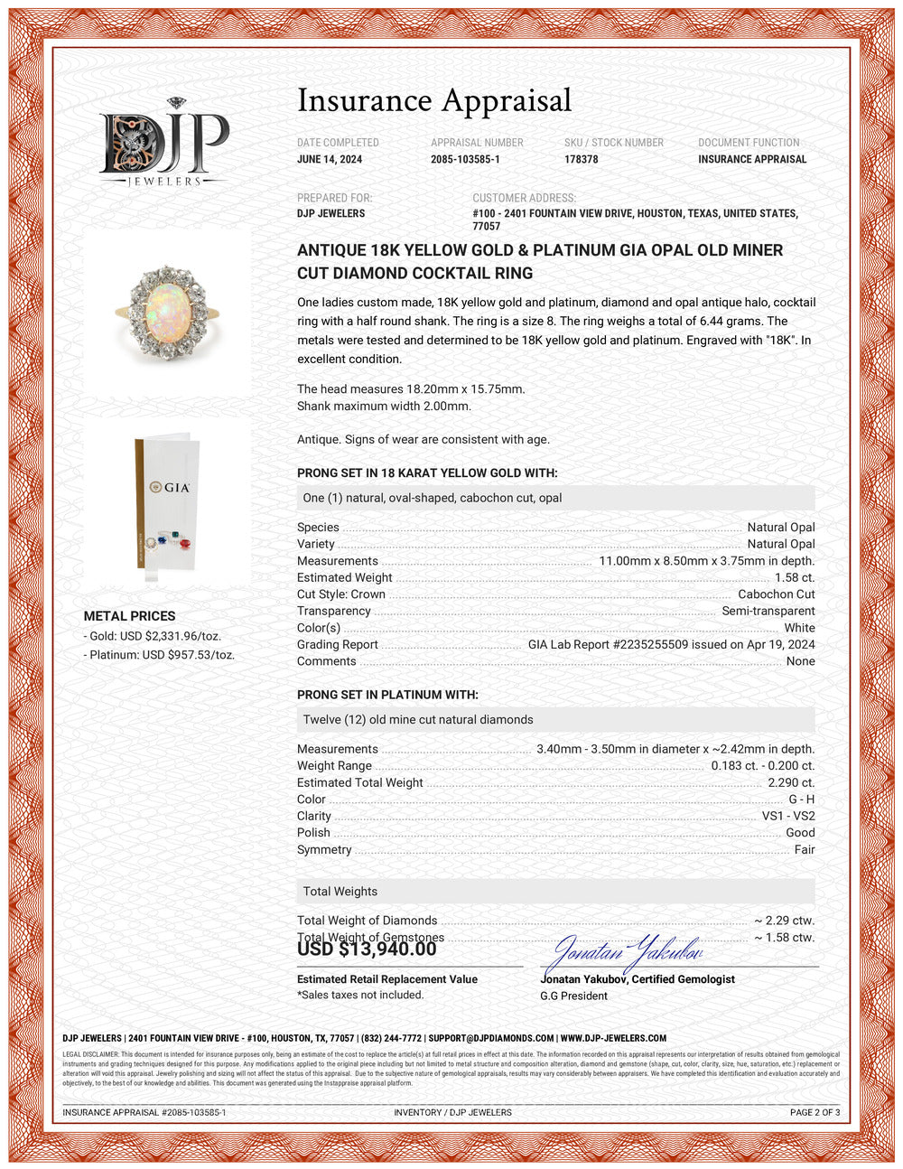 Antique 18K Yellow Gold & Platinum GIA Opal Old Miner Cut Diamond Cocktail Ring