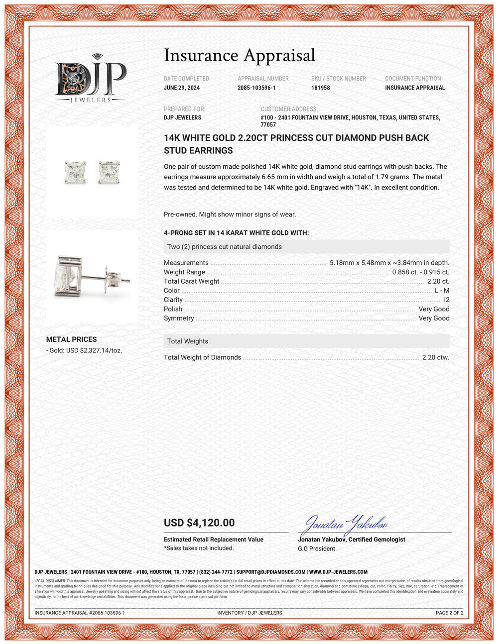 14K White Gold 2.20ct Princess Cut Diamond Push Back Stud Earrings