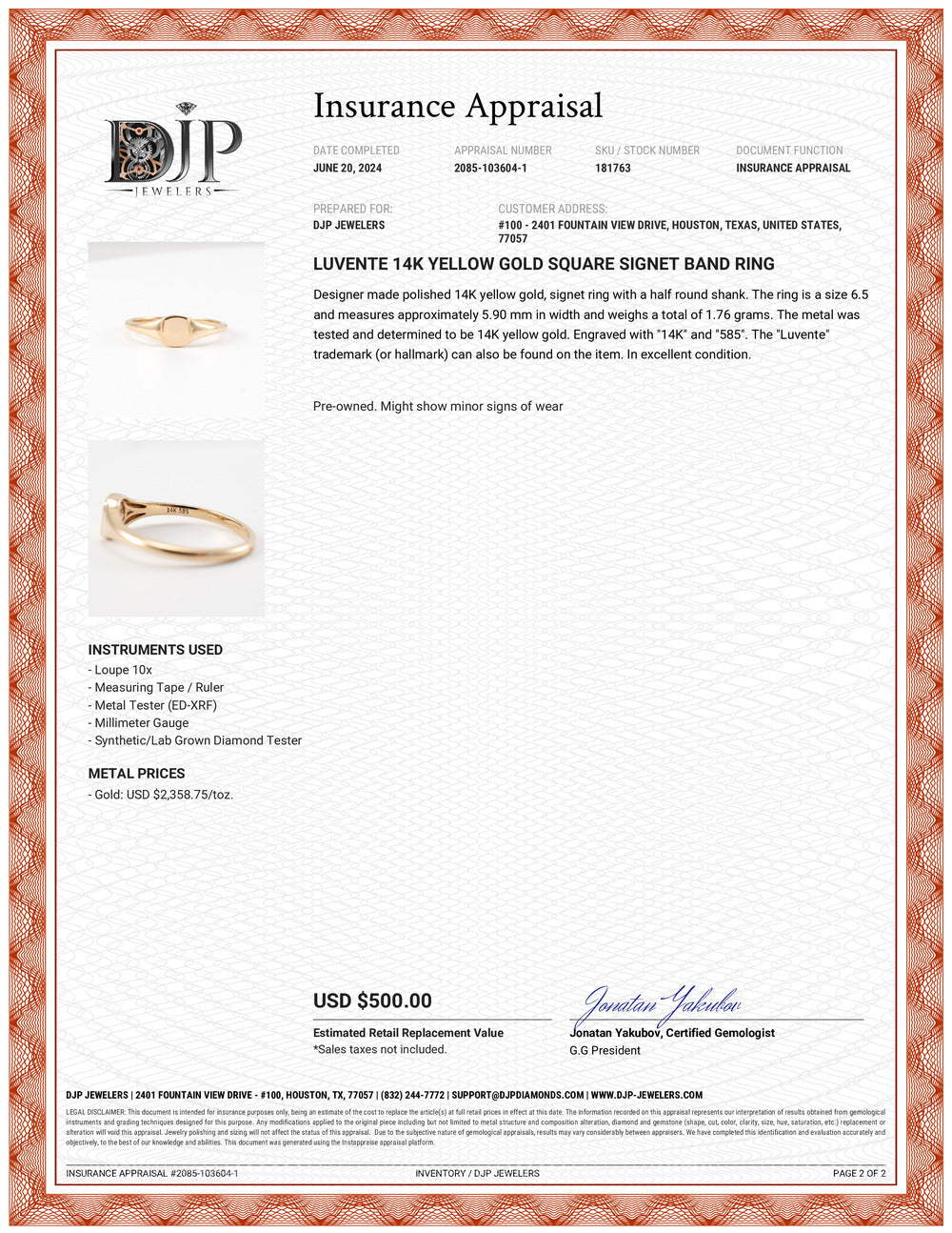Luvente 14K Yellow Gold Square Signet Band Ring