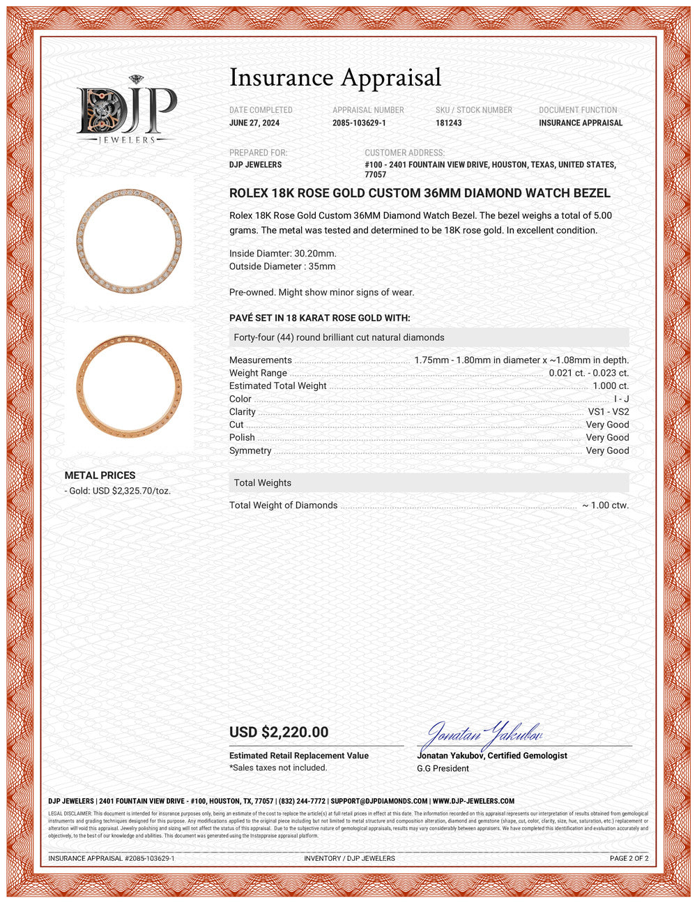 Rolex 18K Rose Gold Custom 36MM Diamond Watch Bezel