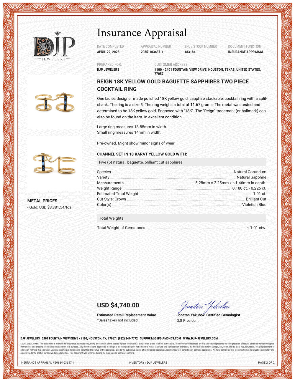 Reign 18K Yellow Gold Baguette Sapphires Two Piece Cocktail Ring