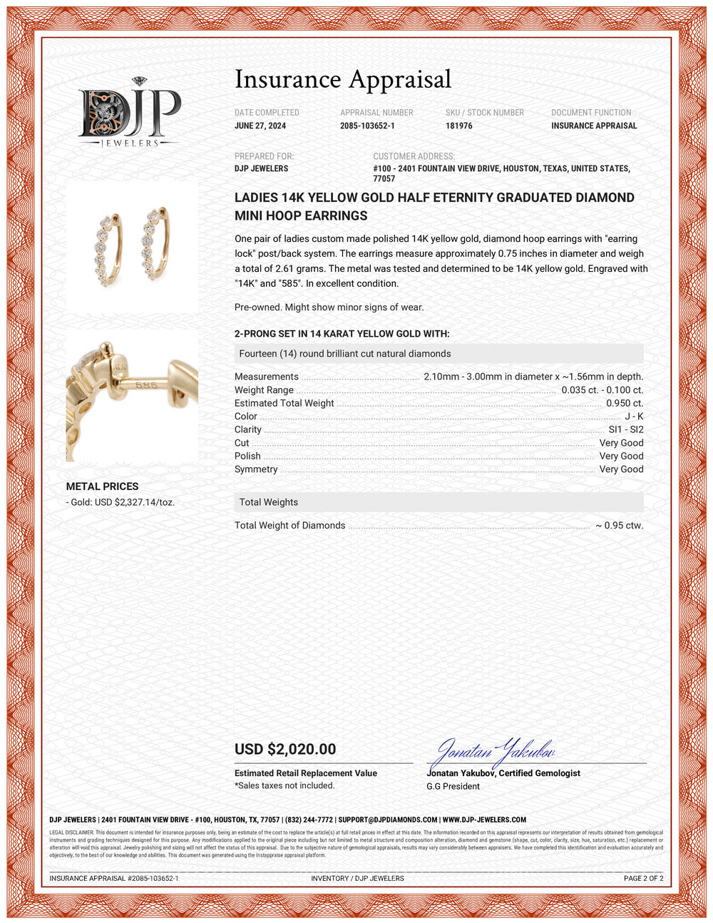 Ladies 14K Yellow Gold Half Eternity Graduated Diamond Mini Hoop Earrings