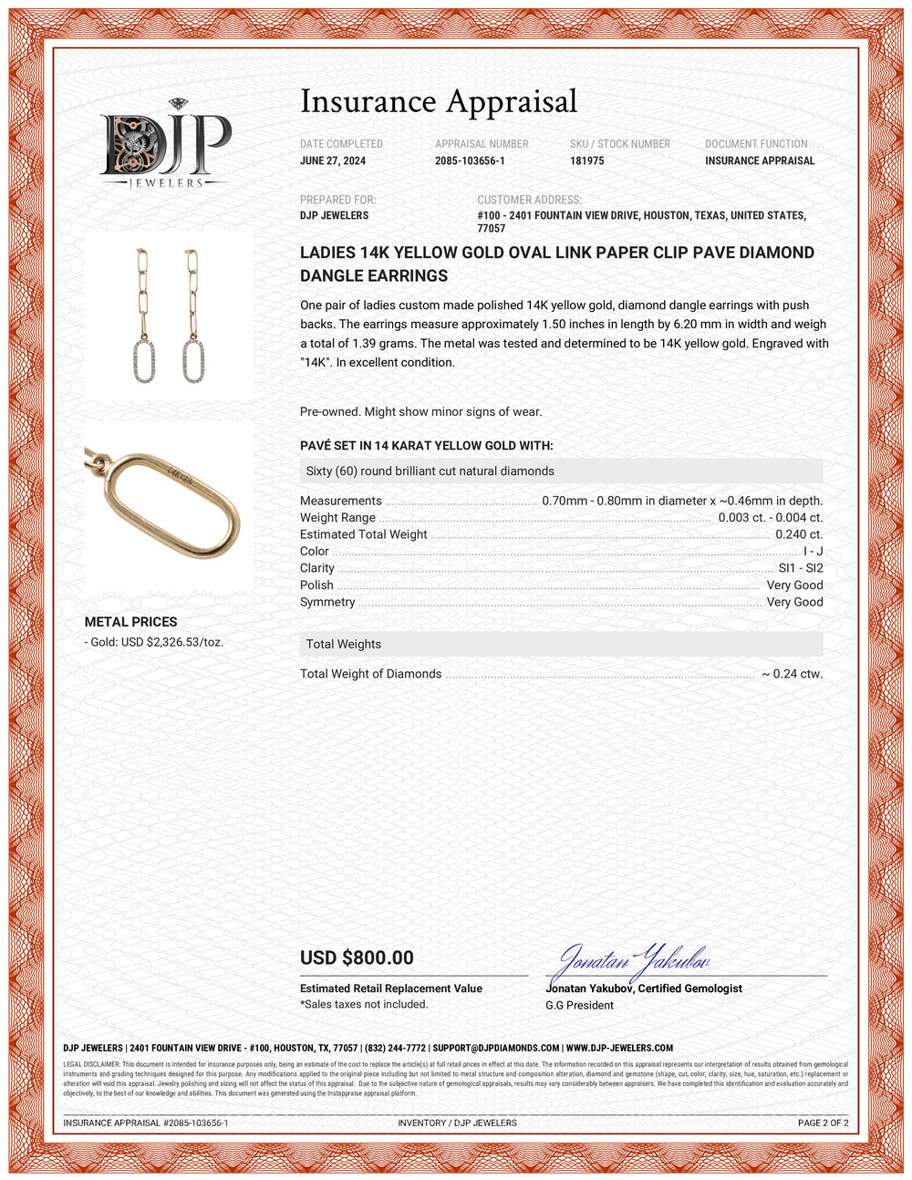 Ladies 14K Yellow Gold Oval Link Paper Clip Pave Diamond Dangle Earrings