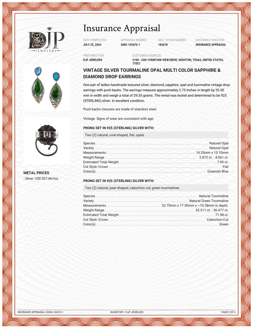 Vintage Silver Tourmaline Opal Multi Color Sapphire & Diamond Drop Earrings