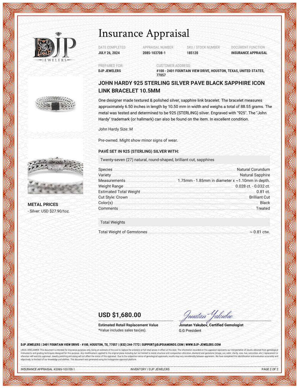 John Hardy 925 Sterling Silver Pave Black Sapphire Icon Link Bracelet 10.5mm