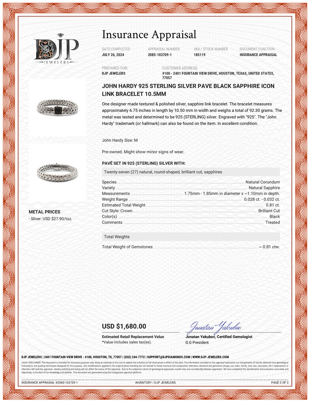 John Hardy 925 Sterling Silver Pave Black Sapphire Icon Link Bracelet 10.5mm