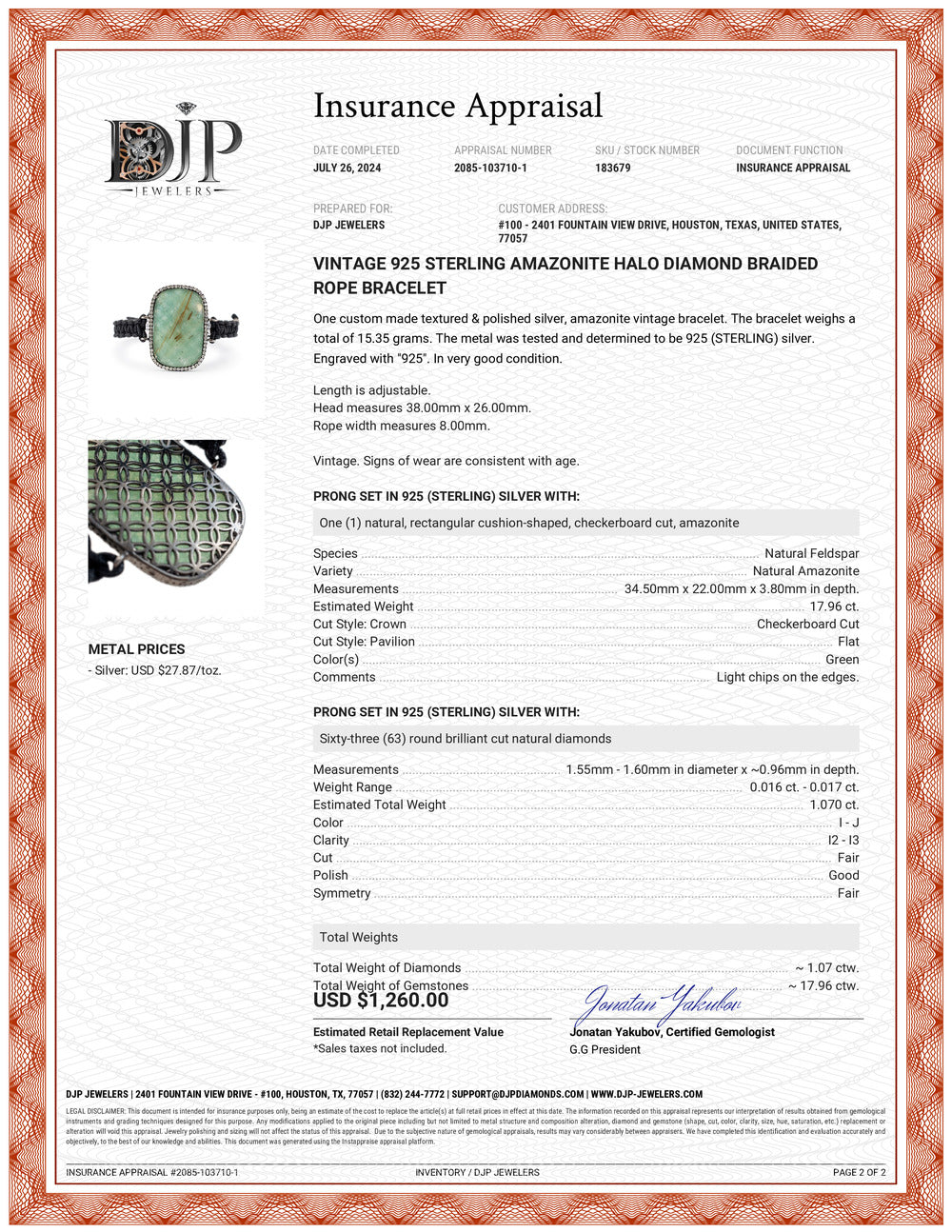 Vintage 925 Sterling Amazonite Halo Diamond Braided Rope Bracelet