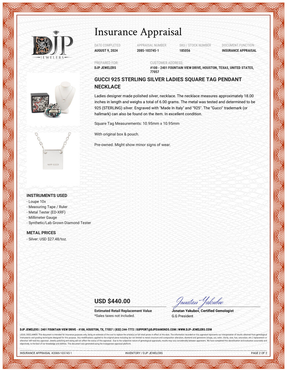 Gucci 925 Sterling Silver Ladies Square Tag Pendant Necklace