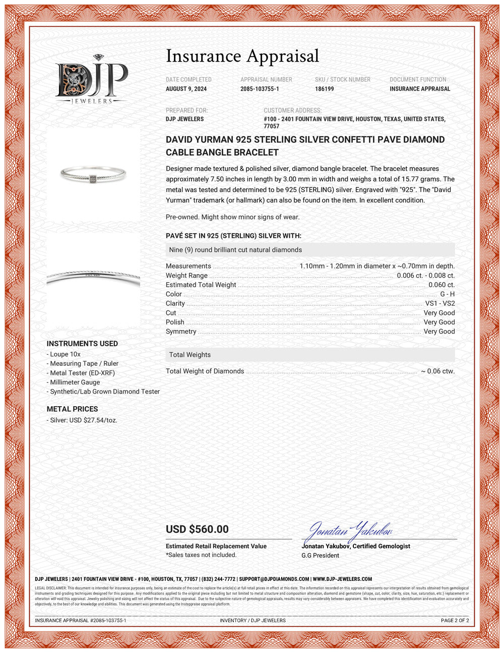 David Yurman 925 Sterling Silver Confetti Pave Diamond Cable Bangle Bracelet