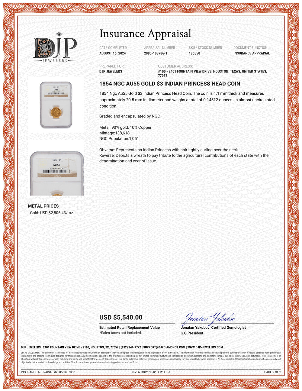 1854 NGC AU55 Gold $3 Indian Princess Head Coin