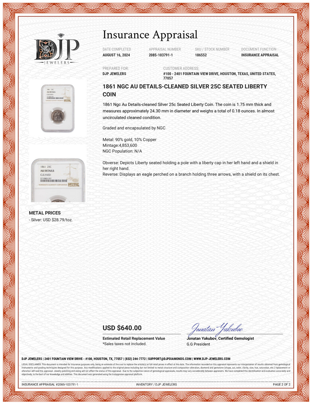 1861 NGC AU Details-Cleaned Silver 25C Seated Liberty Coin