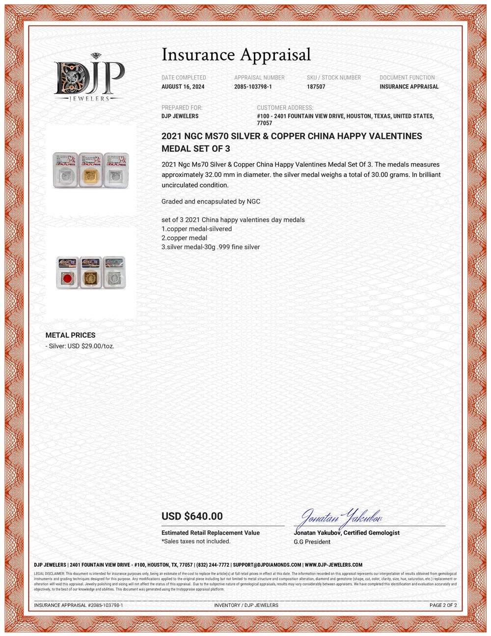 2021 NGC MS70 Silver & Copper China Happy Valentines Medal Set of 3