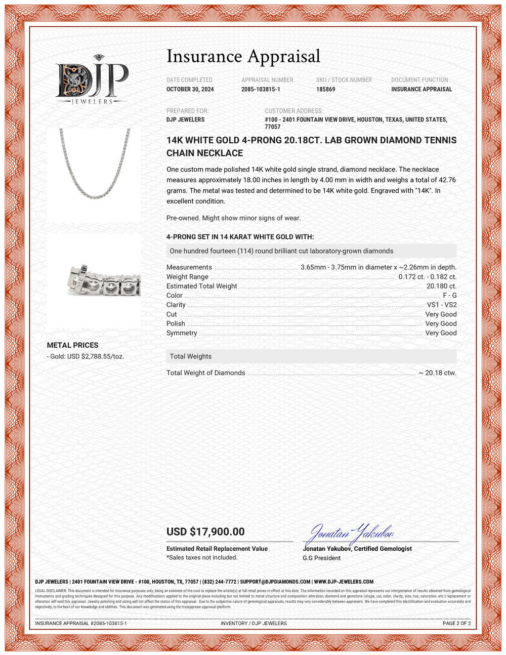 14K White Gold 4-Prong 20.18ct. Lab Grown Diamond Tennis Chain Necklace