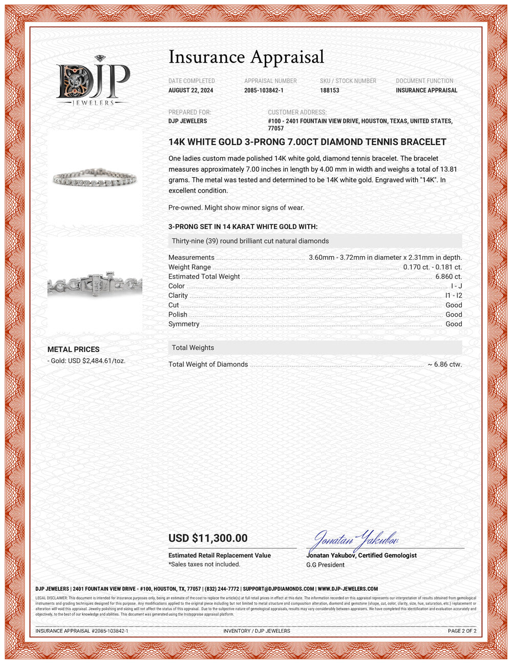 14K White Gold 3-Prong 6.86ct Diamond Tennis Bracelet