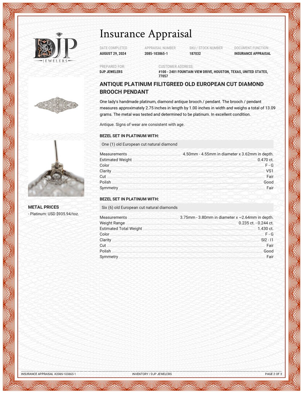 Antique Platinum Filitgreed Old European Cut Diamond Brooch Pendant