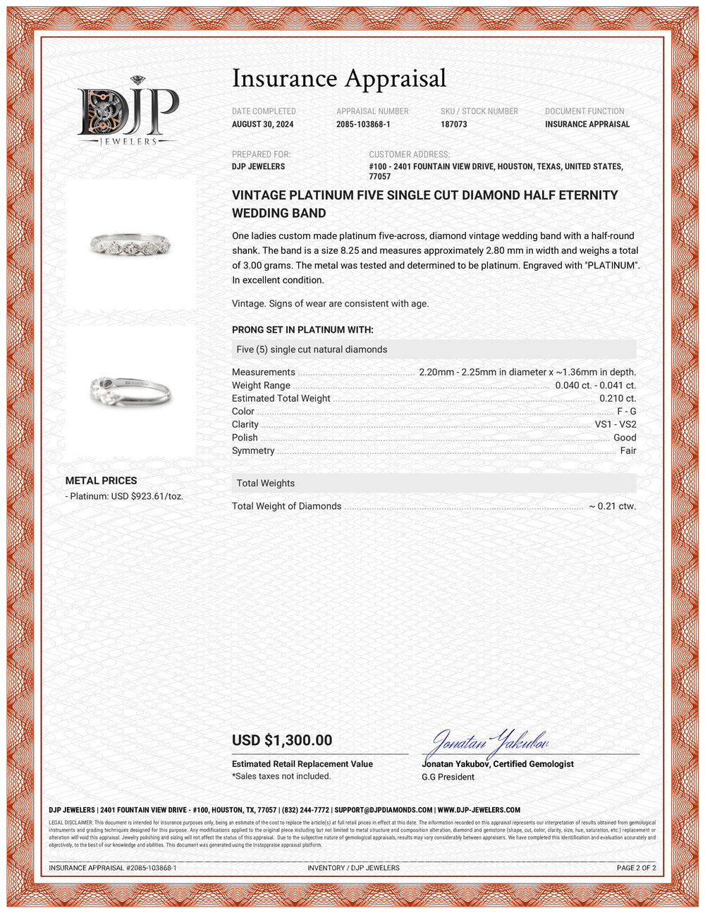 Vintage Platinum Five Single Cut Diamond Half Eternity Wedding Band