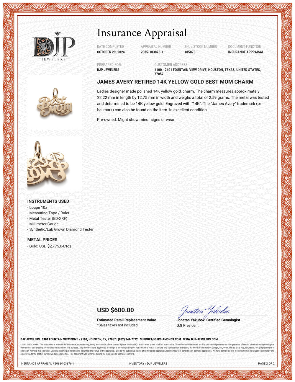 James Avery Retired 14K Yellow Gold Best Mom Charm