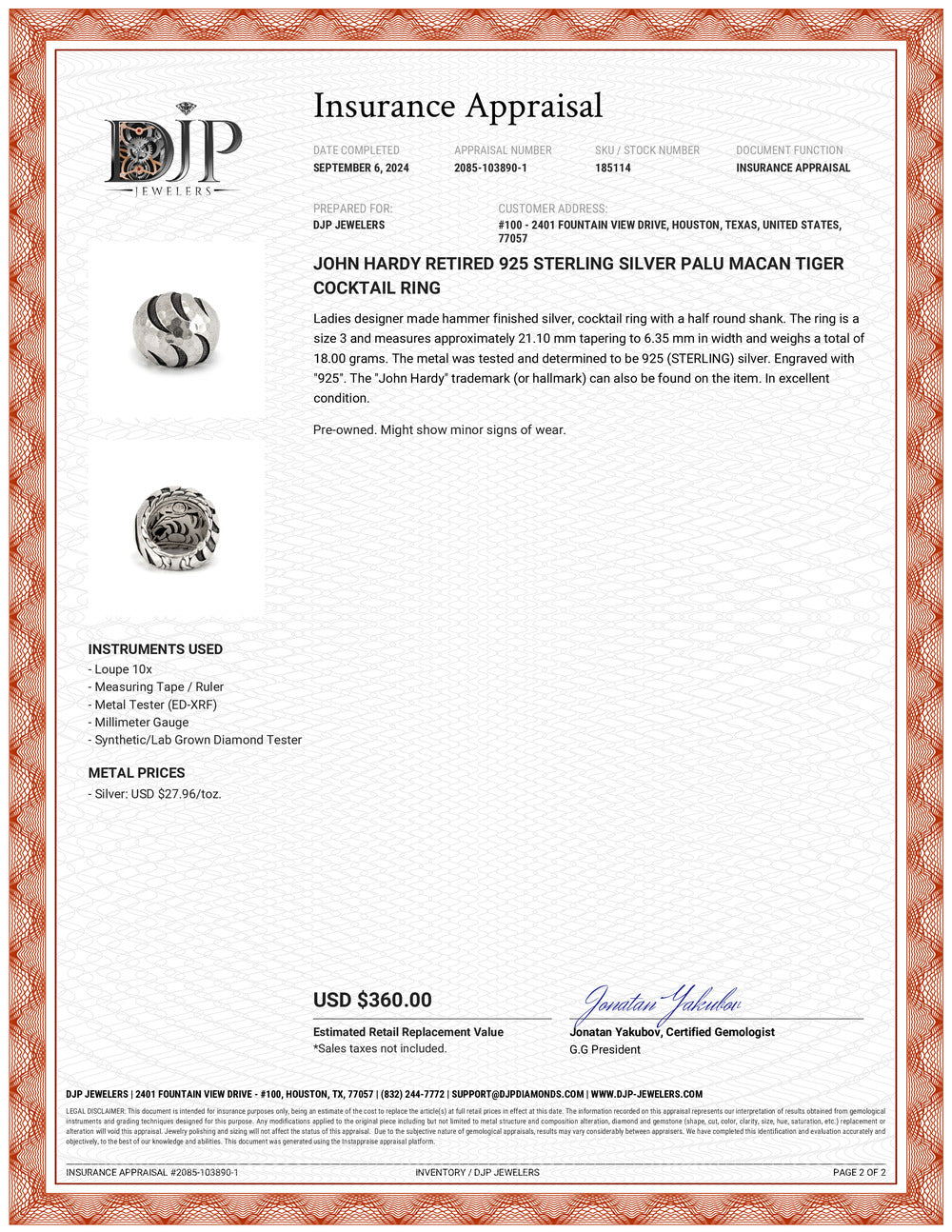 John Hardy Retired 925 Sterling Silver Palu Macan Tiger Cocktail Ring