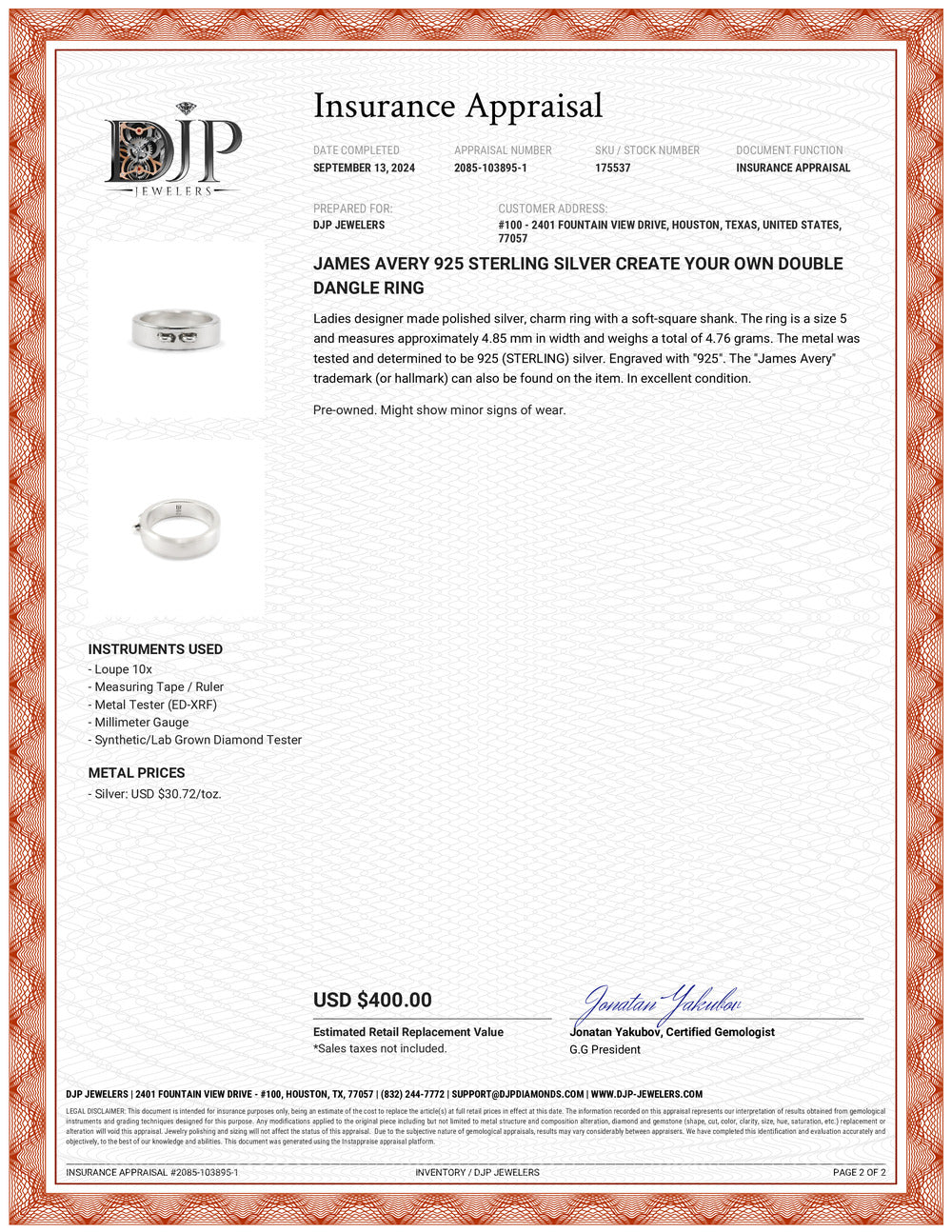 James Avery 925 Sterling Silver Create Your Own Double Dangle Ring