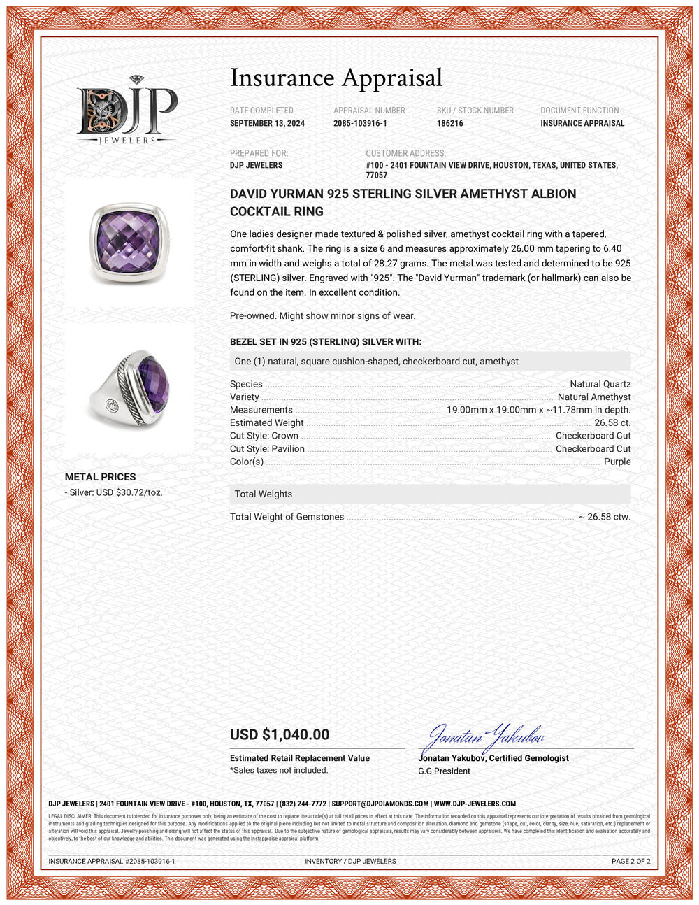 David Yurman 925 Sterling Silver Amethyst Albion Cocktail Ring