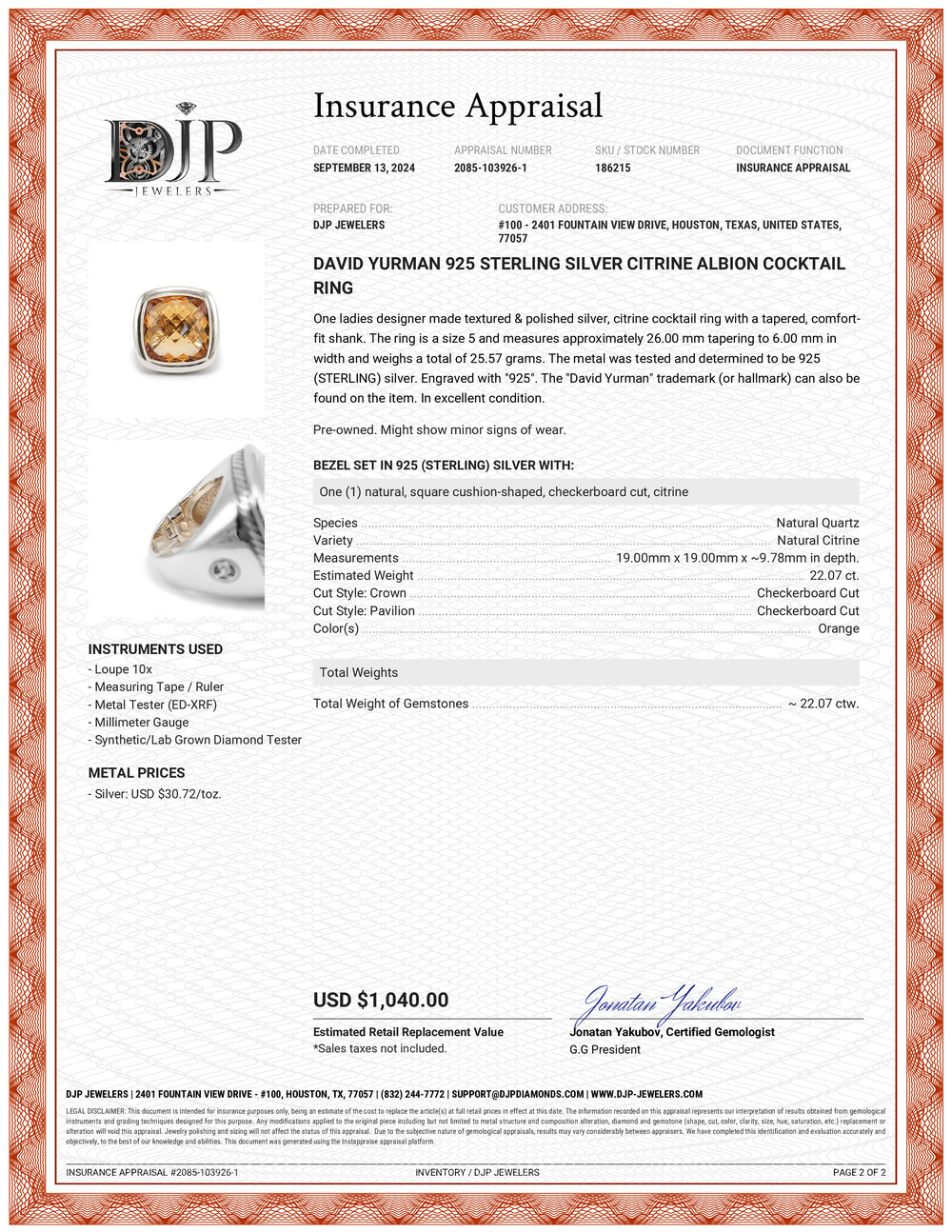 David Yurman 925 Sterling Silver Citrine Albion Cocktail Ring