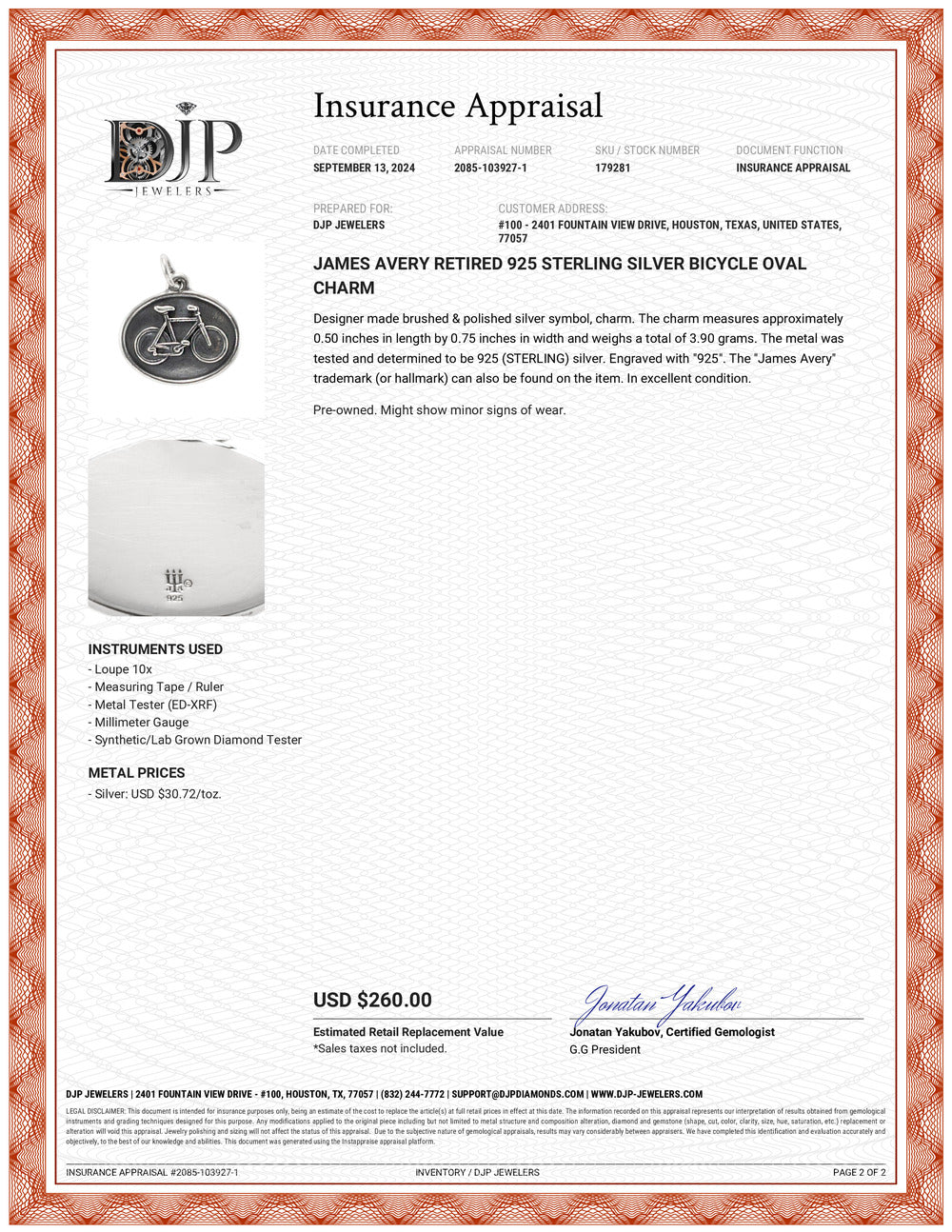 James Avery Retired 925 Sterling Silver Bicycle Oval Charm